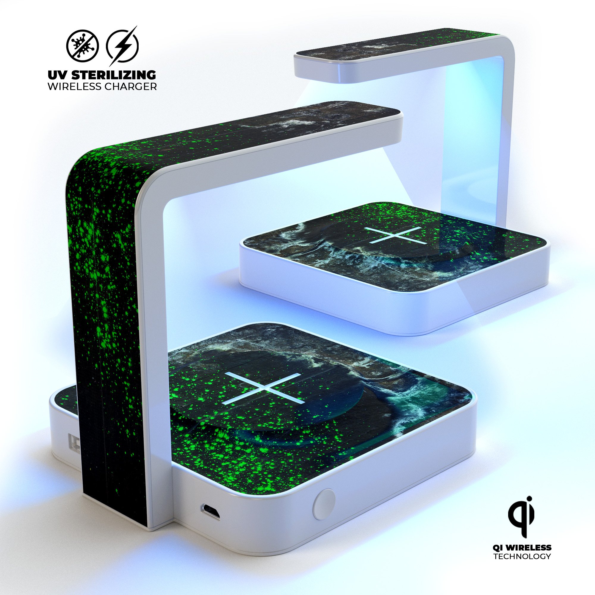 Grungy Green and Black Wood Surface UV Germicidal Sanitizing Wireless Charger with phone on top, showcasing its stylish design and functionality.